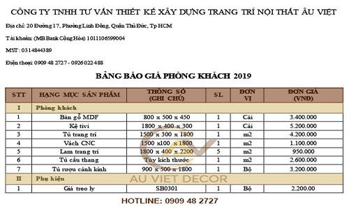 Báo giá thi công nội thất phòng khách