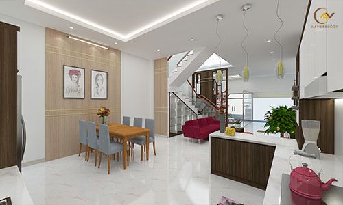 Tủ bếp có bar bằng chiều cao với bếp - Nội Thất Âu Việt